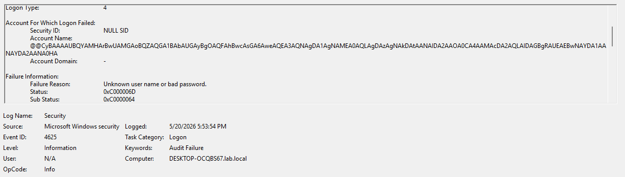 Event Viewer showing 4625 with @@CyBAAA TargetUserName