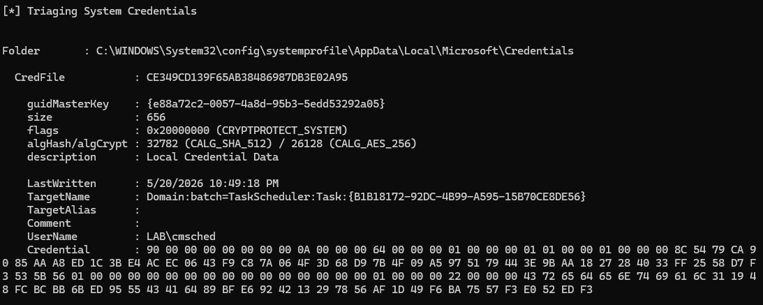 SharpDPAPI output showing the Task Scheduler credential file contents