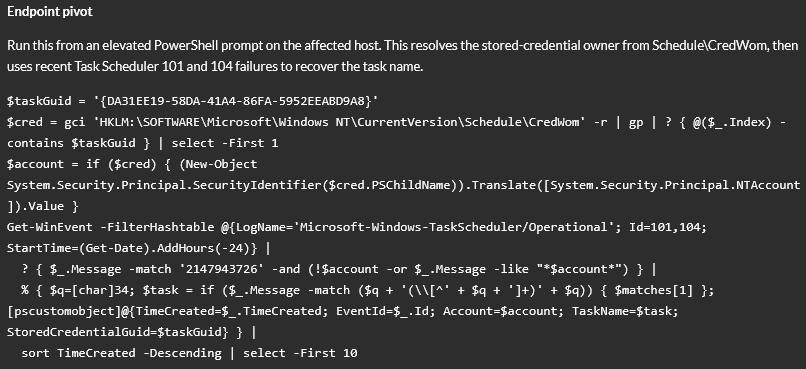 ExtraHop detection card showing the endpoint pivot PowerShell command