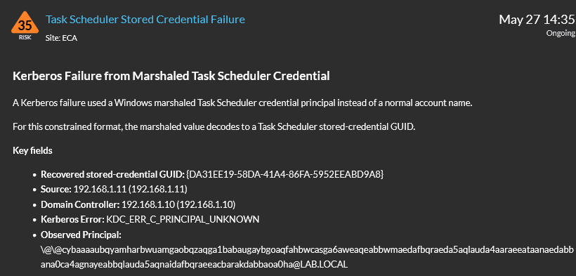 ExtraHop detection card showing recovered GUID, source, DC, and Kerberos error fields